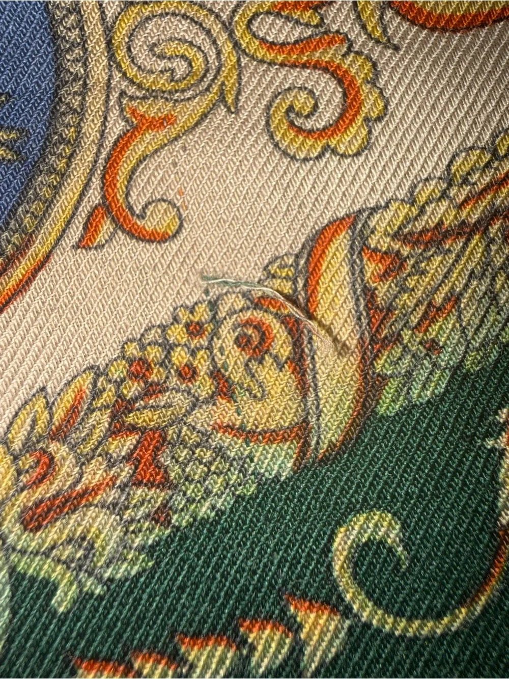 Vintage ETRO Italy Wool Silk Scarf stole Green Gold Baroque Greek Key 54Lx16W
